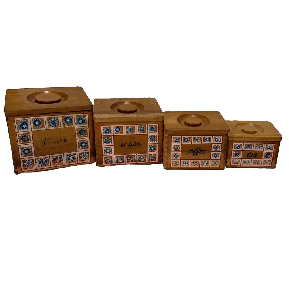 Vintage Wooden Kitchen Canister 4 Pc Set NestIng Mid Century Modern Retro